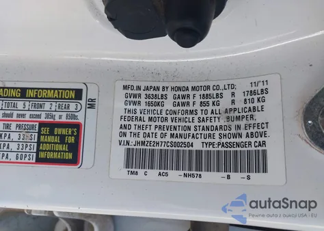 2012 Honda Insight Ex z USA, uszkodzony, nr VIN JHMZE2H77CS002504